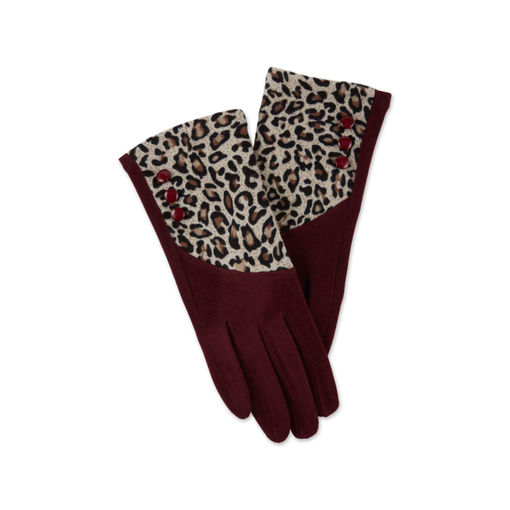 WINE HWR GLOVES LEOPARD BUTTON Hadley Wren Apparel & Accessories - Winter - Adult - Gloves & Mittens