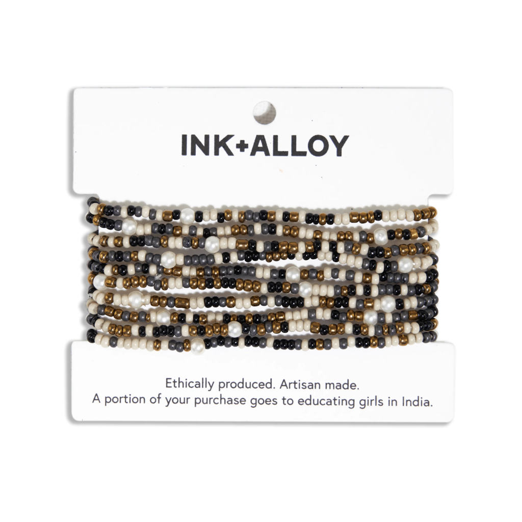 10 Strand Beaded Sage Confetti Black Stretch Bracelet Ink + Alloy Jewelry - Bracelet