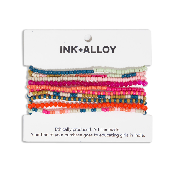 10 Strand Beaded Sage Mixed Stripe Rainbow Stretch Bracelet Ink + Alloy Jewelry - Bracelet