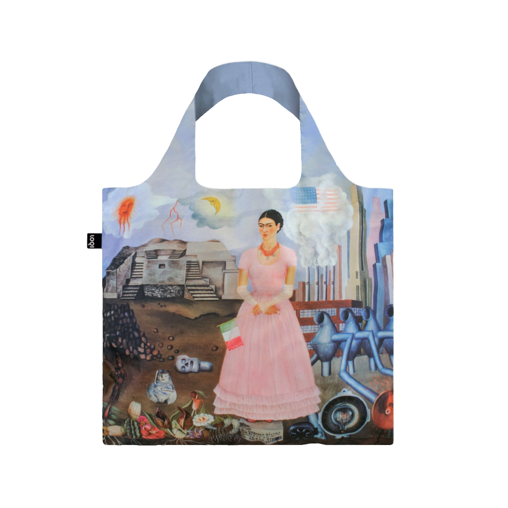 FRIDA KAHLO-Self Portrait On The Borderline Reusable Tote Bags - Frida Kahlo Collection Loqi Apparel & Accessories - Bags - Reusable Shoppers & Tote Bags