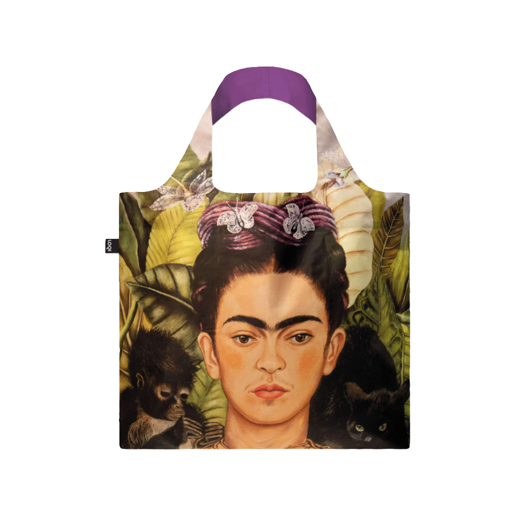 FRIDA KAHLO-Self Portrait with Hummingbird Reusable Tote Bags - Museum Collection Loqi Apparel & Accessories - Bags - Reusable Shoppers & Tote Bags