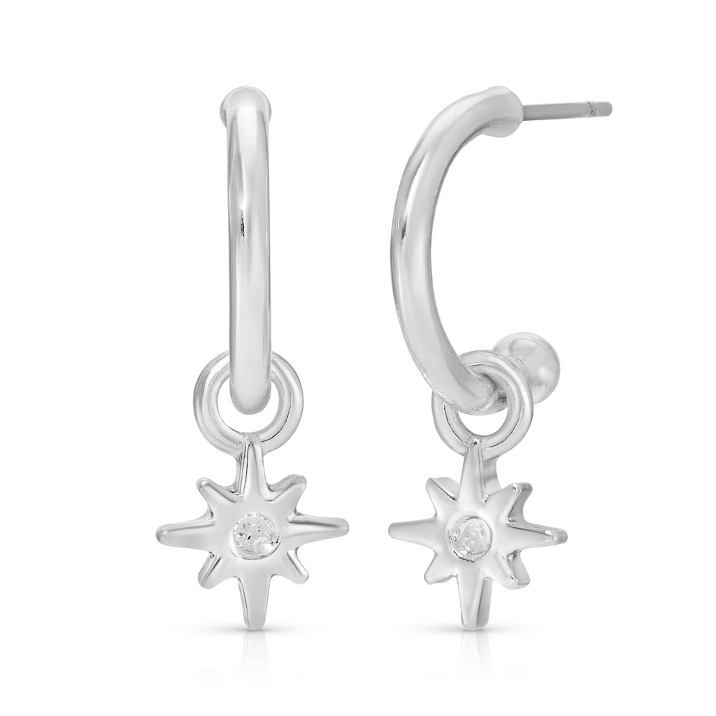 BRILLIANT YOU - STARBURST HOOPS - SILVER Splendid Drop Hoop Earrings - Single Set Lucky Feather Jewelry - Earrings