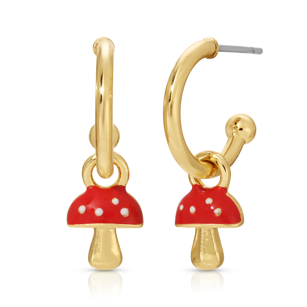 YOU BRING MAGIC - MUSHROOM HOOPS - GOLD Splendid Drop Hoop Earrings - Single Set Lucky Feather Jewelry - Earrings