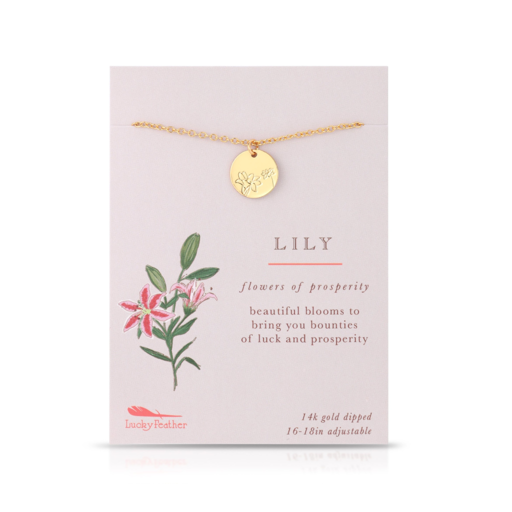 Lucky Feather Botanical Necklace - Lily Flower or Prosperity Lucky Feather Jewelry - Necklaces
