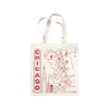 A beige cotton tote bag with red printed text and illustrations, including the word 'CHICAGO' and a map outline.