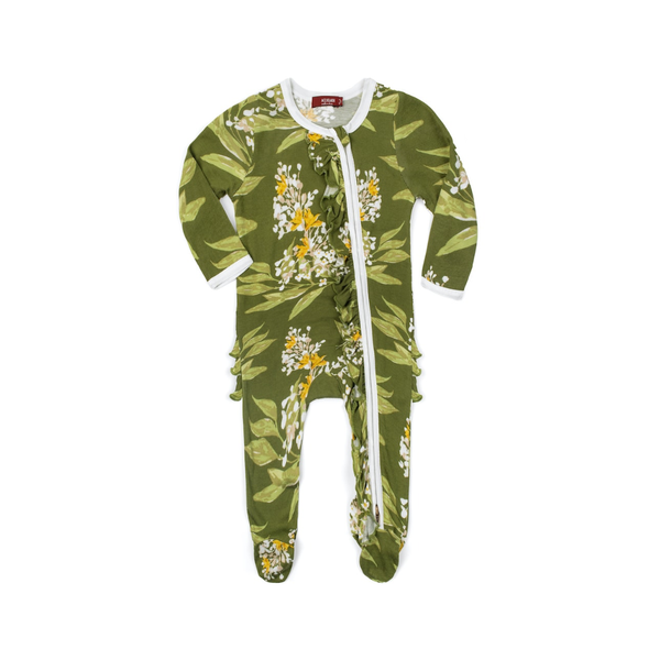 3-6M Bamboo Ruffle Zipper Footed Romper - Green Floral Milkbarn Kids Apparel & Accessories - Clothing - Baby & Toddler - One-Pieces & Onesies