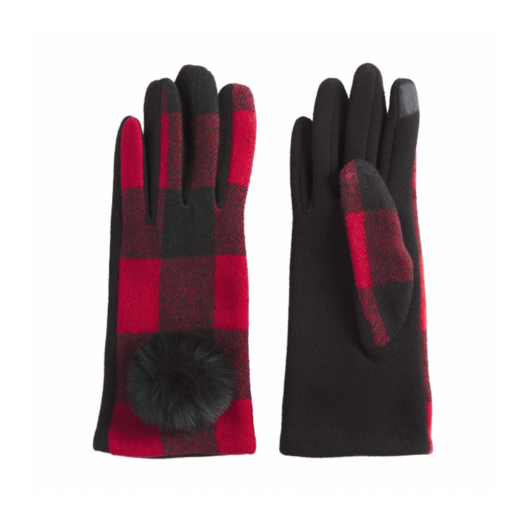 RED/BLACK Check Poof Gloves Mud Pie Apparel & Accessories - Winter - Adult - Gloves & Mittens