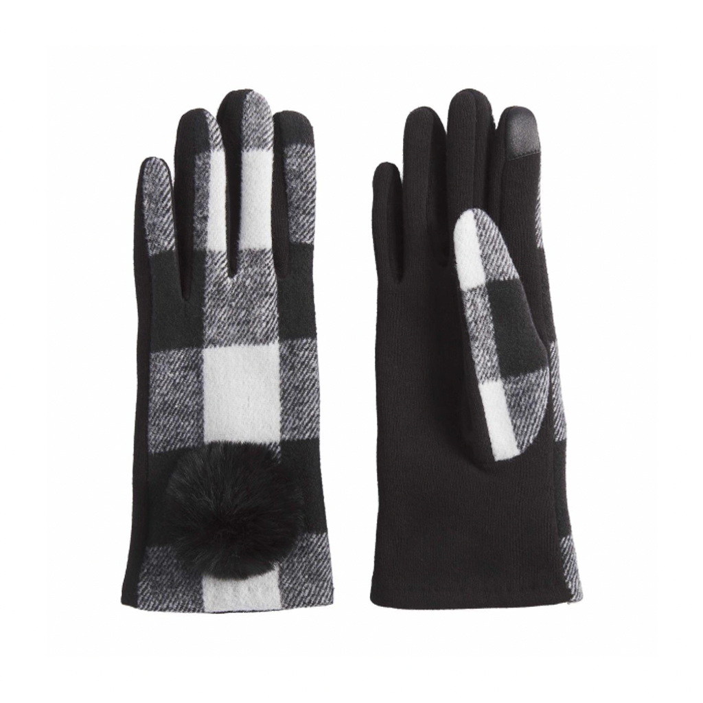 WHITE/BLACK Check Poof Gloves Mud Pie Apparel & Accessories - Winter - Adult - Gloves & Mittens
