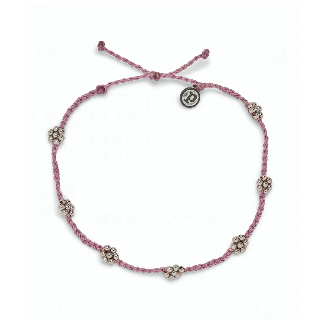 Floral Metallic Bead Anklet - Silver - Lavender Pura Vida Bracelets Jewelry