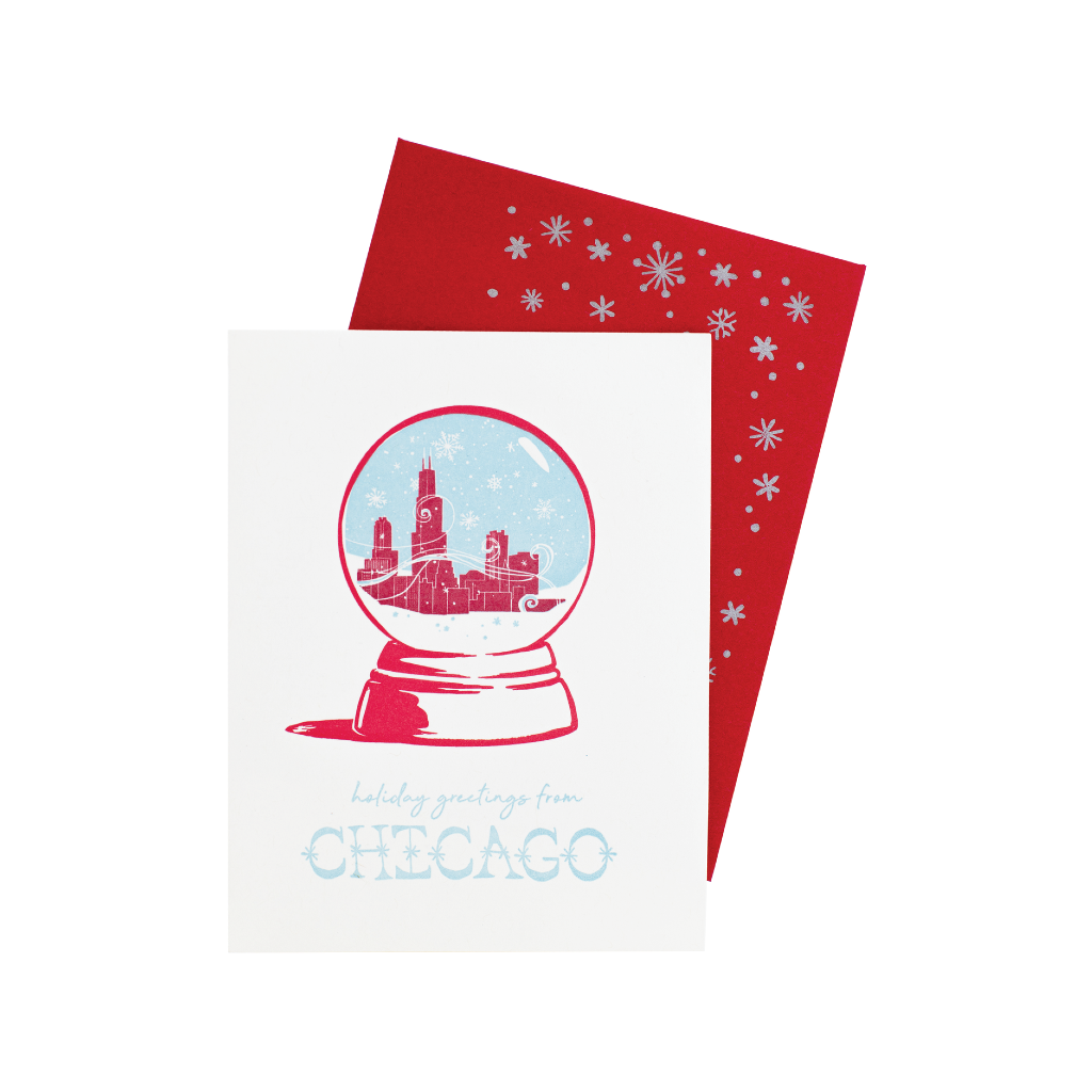 Chicago, IL Snow Globe Holiday Card With Printed Envelope Smudge Ink Cards - Holiday