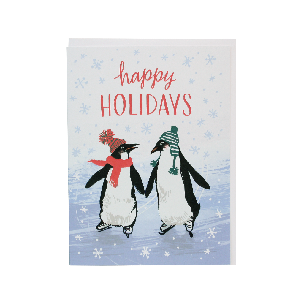 Ice Skating Penguins Holiday Card Smudge Ink Cards - Holiday