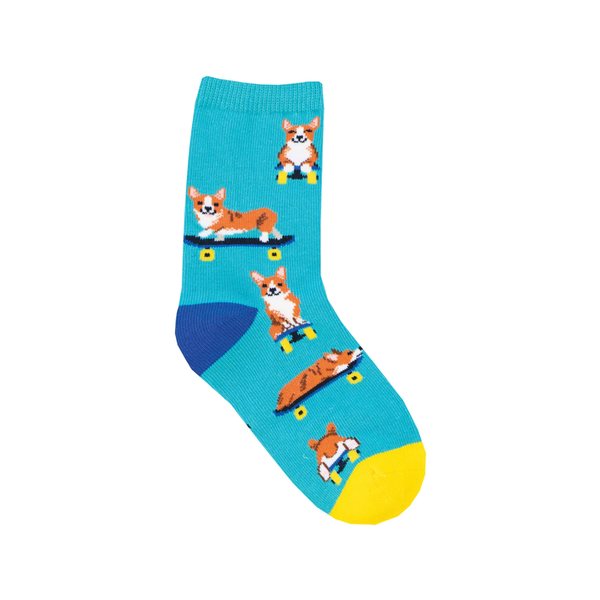 Skate Corgi Crew Socks - Kids - Teal Socksmith Apparel & Accessories - Socks - Baby & Kids - Kids
