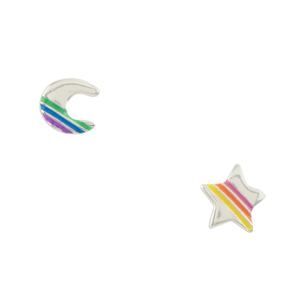 Mismatched Moon And Star Rainbow Stripe Enamel Stud Earrings Tomas Jewelry - Earrings
